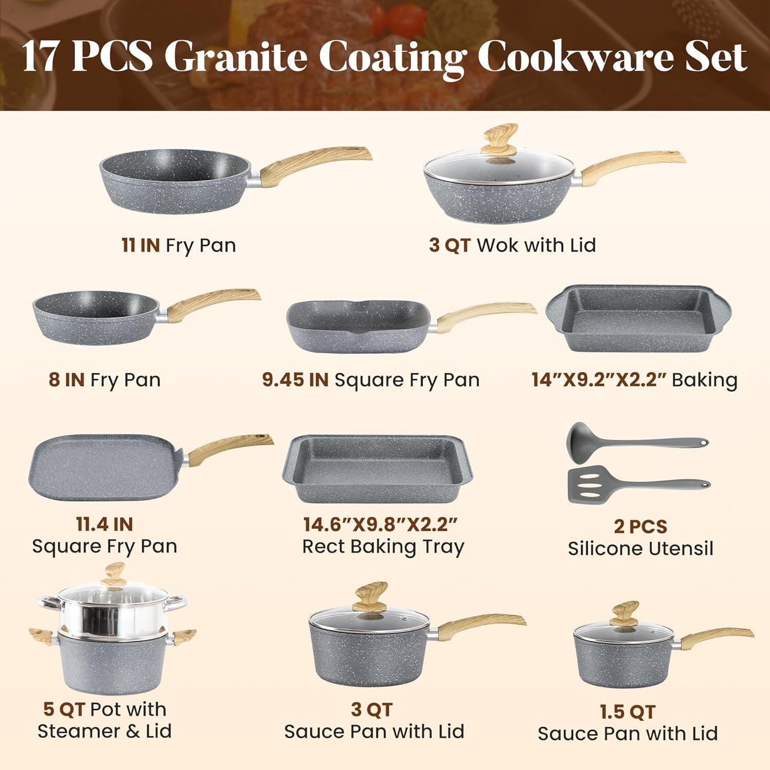 17pcs Grey Granite Induction Cookware Set Non Stick Pots & Pans Oven Safe
