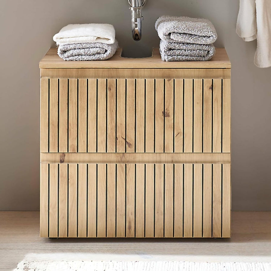 Natural Oak Under Sink Cabinet – 2 Drawer Bathroom Vanity Storage Unit