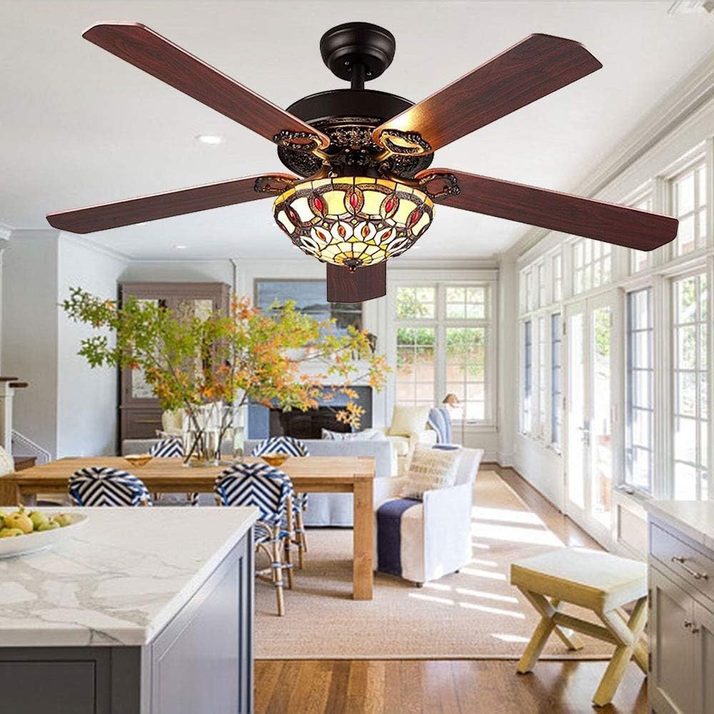 ANFERSONLIGHT 52" Tiffany Ceiling Fan, 5 Blades, Quiet, Remote, Black/Copper