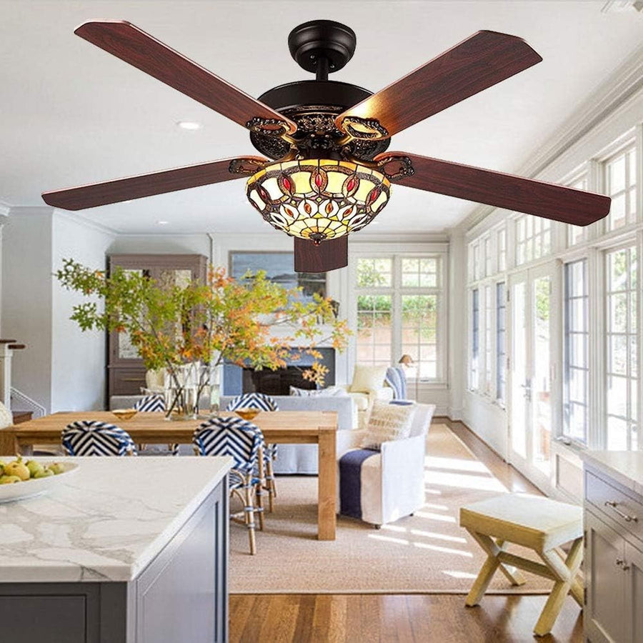 ANFERSONLIGHT 52" Tiffany Ceiling Fan, 5 Blades, Quiet, Remote, Black/Copper