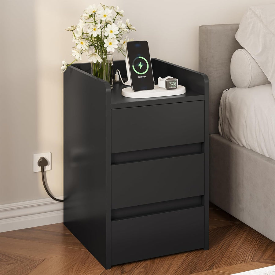 Black Bedside Table with 3 Drawers & Power Station | Modern Nightstand 35×59cm