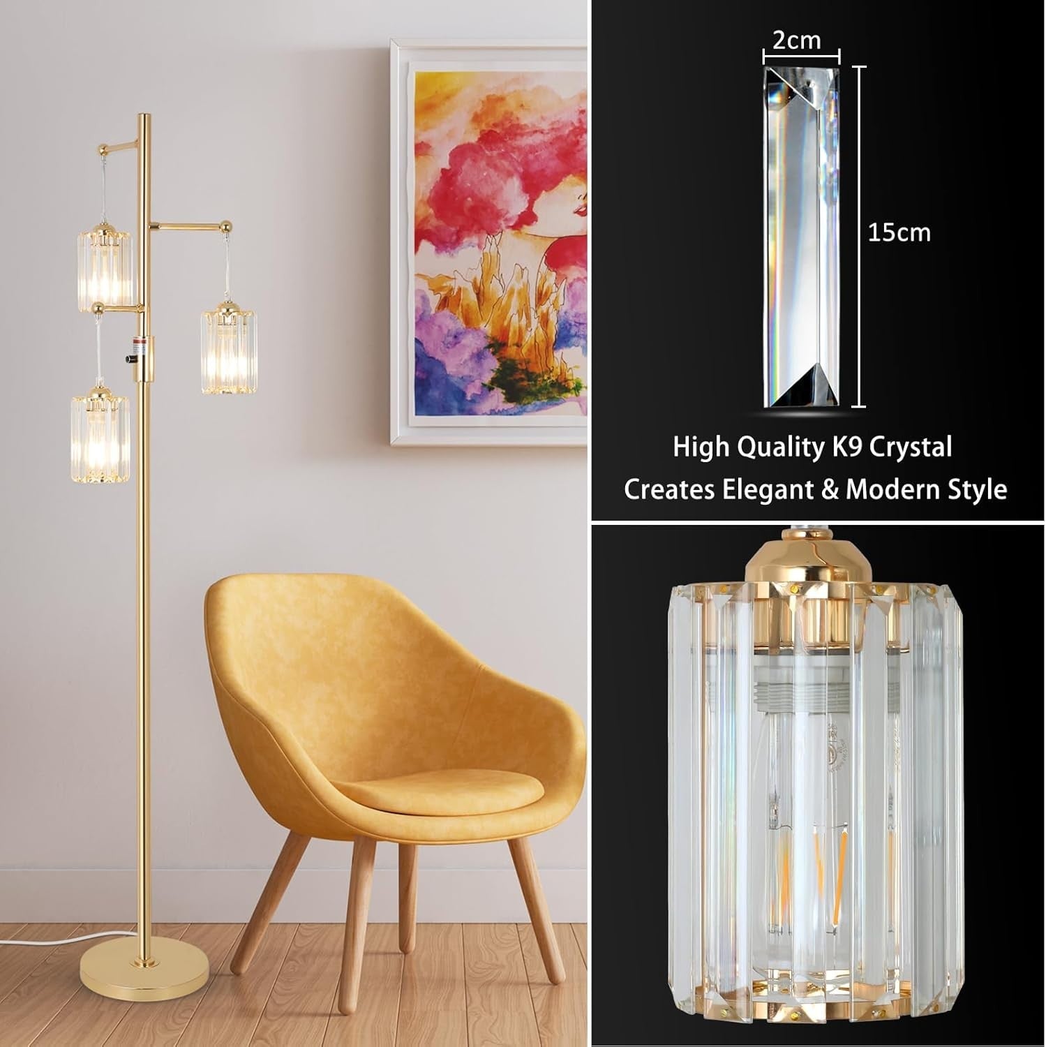 Dimmable 3-Light Gold Floor Lamp with Glass Shades for Living Room & Bedroom
