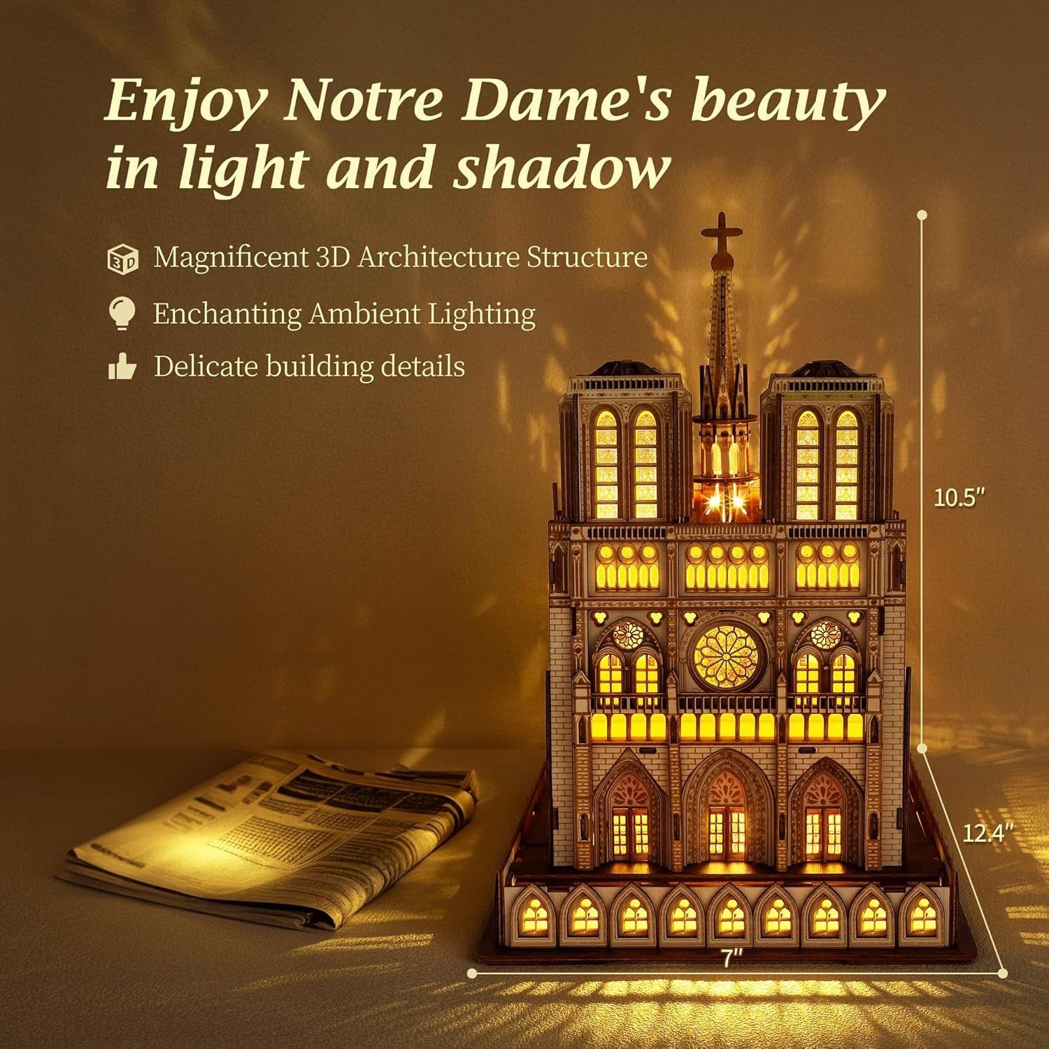 3D Wooden Cathedral Puzzle with LED – DIY Gothic Model Kit for Adults
