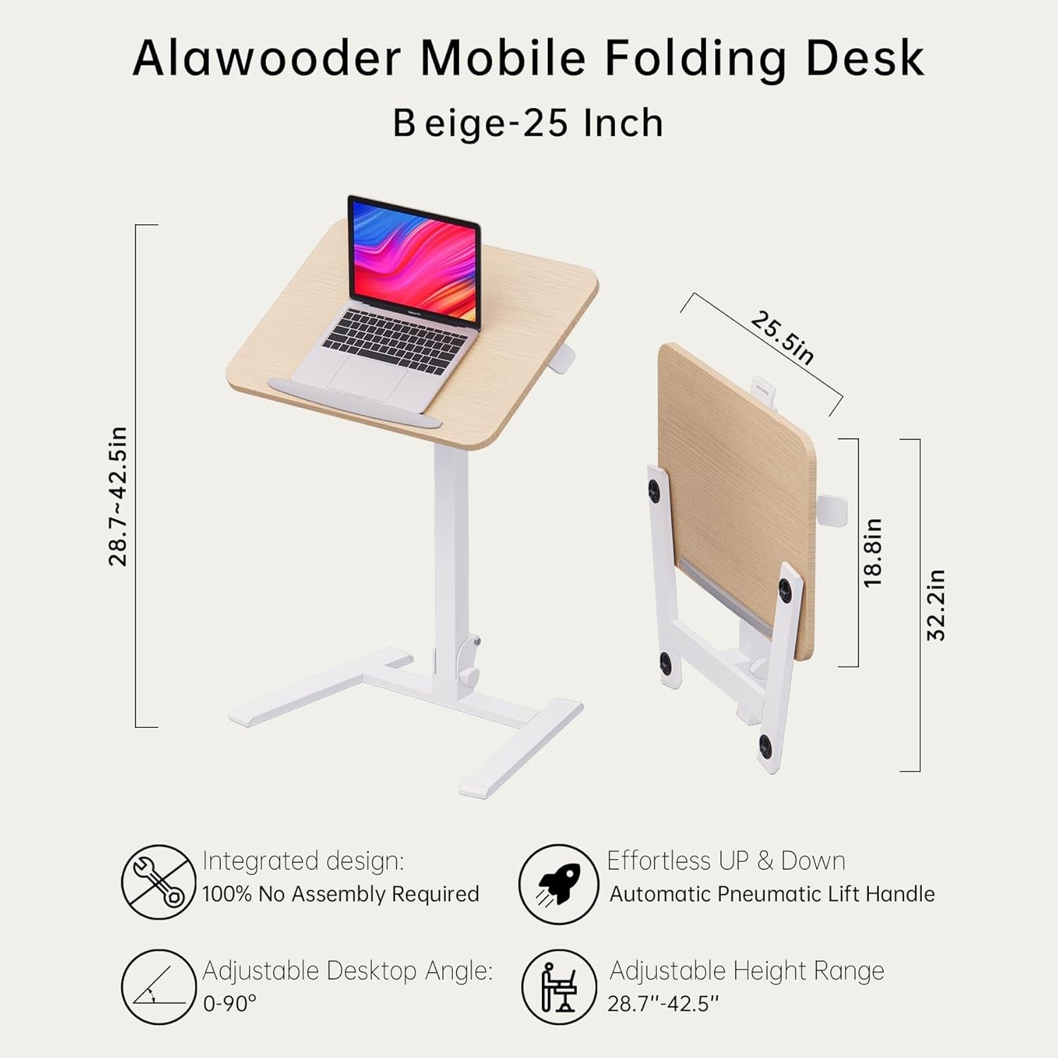 Beige Mobile Folding Desk with Wheels Height Adjustable Sit Stand Table
