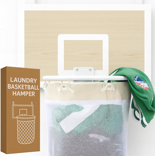 White Oak Basketball Laundry Hamper Over-Door Hoop Large Foldable Clothes Basket