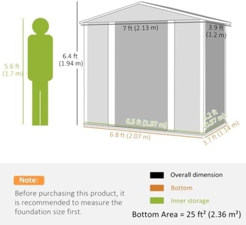 7x4ft Metal Garden Shed with Lockable Double Doors & Ventilation