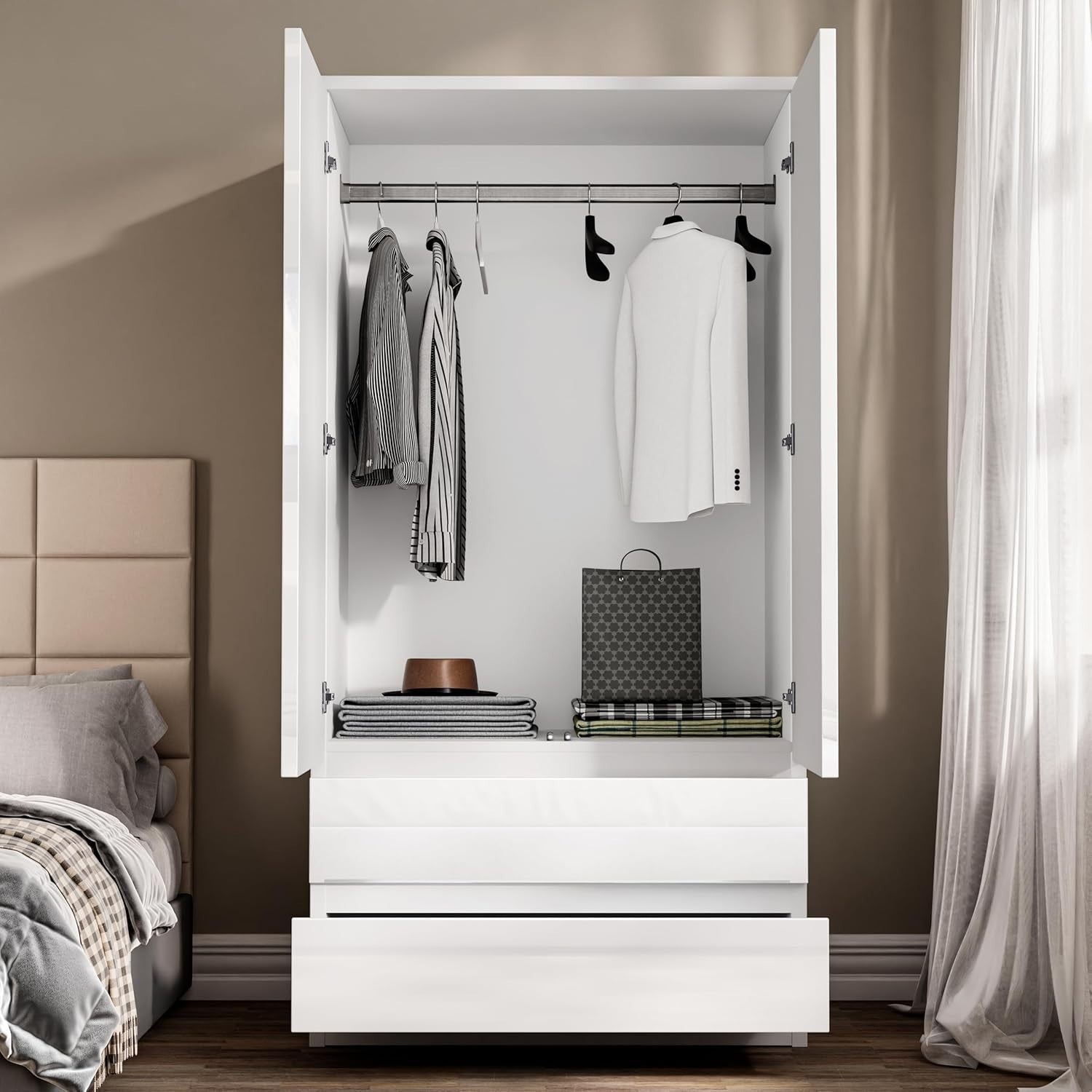 White 2 Door Wardrobe with 2 Drawers High Gloss Finish Storage Unit