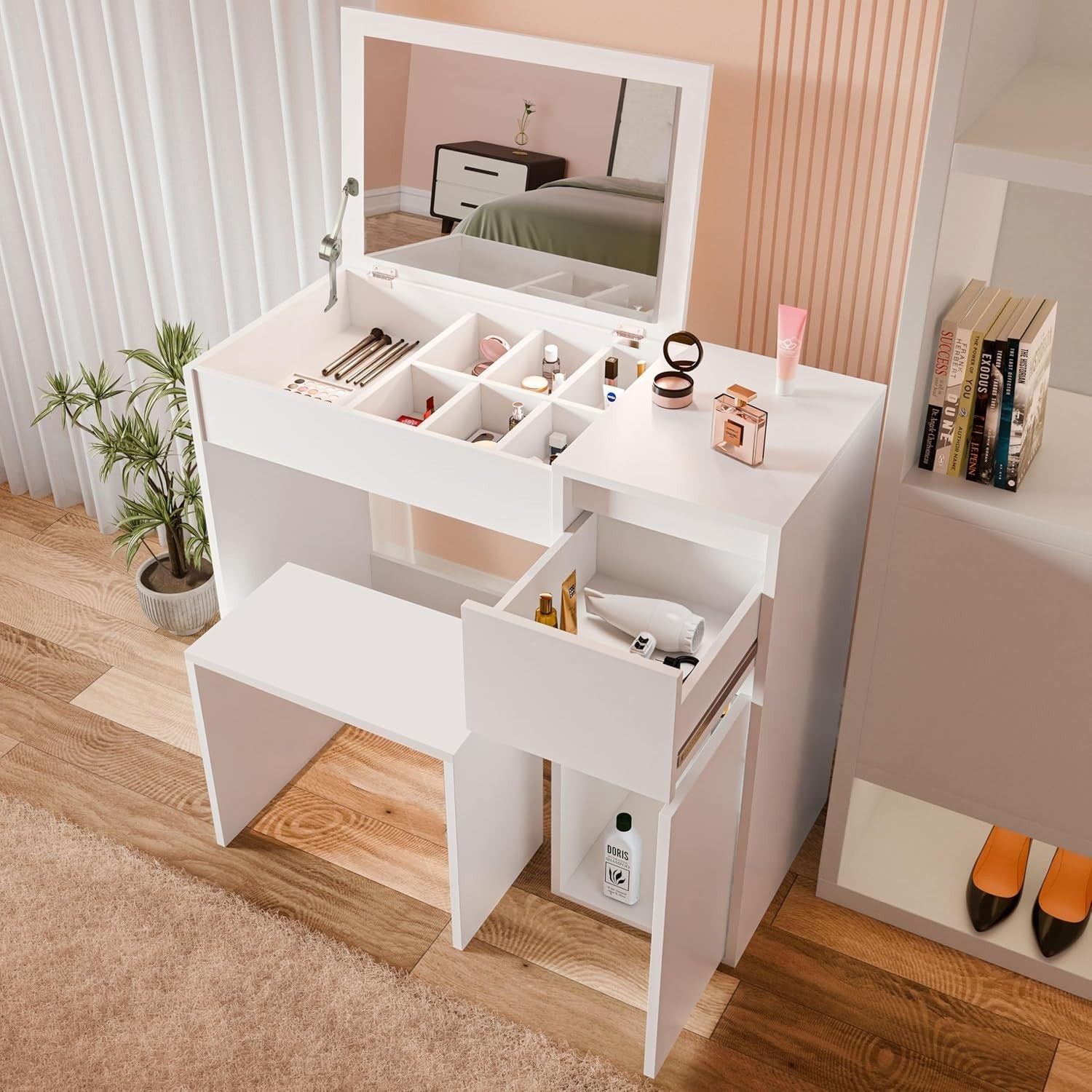 2-in-1 White Vanity Dressing Table Desk with Flip Mirror, Hidden Storage, Stool