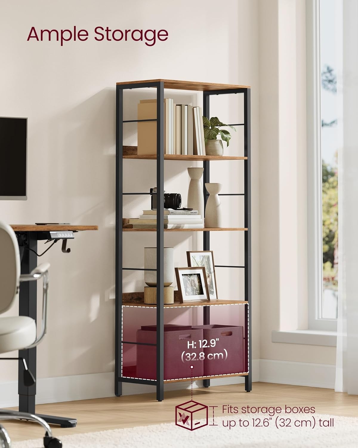 5-Tier Industrial Bookshelf Unit | Rustic Brown Storage Shelving for Home Office