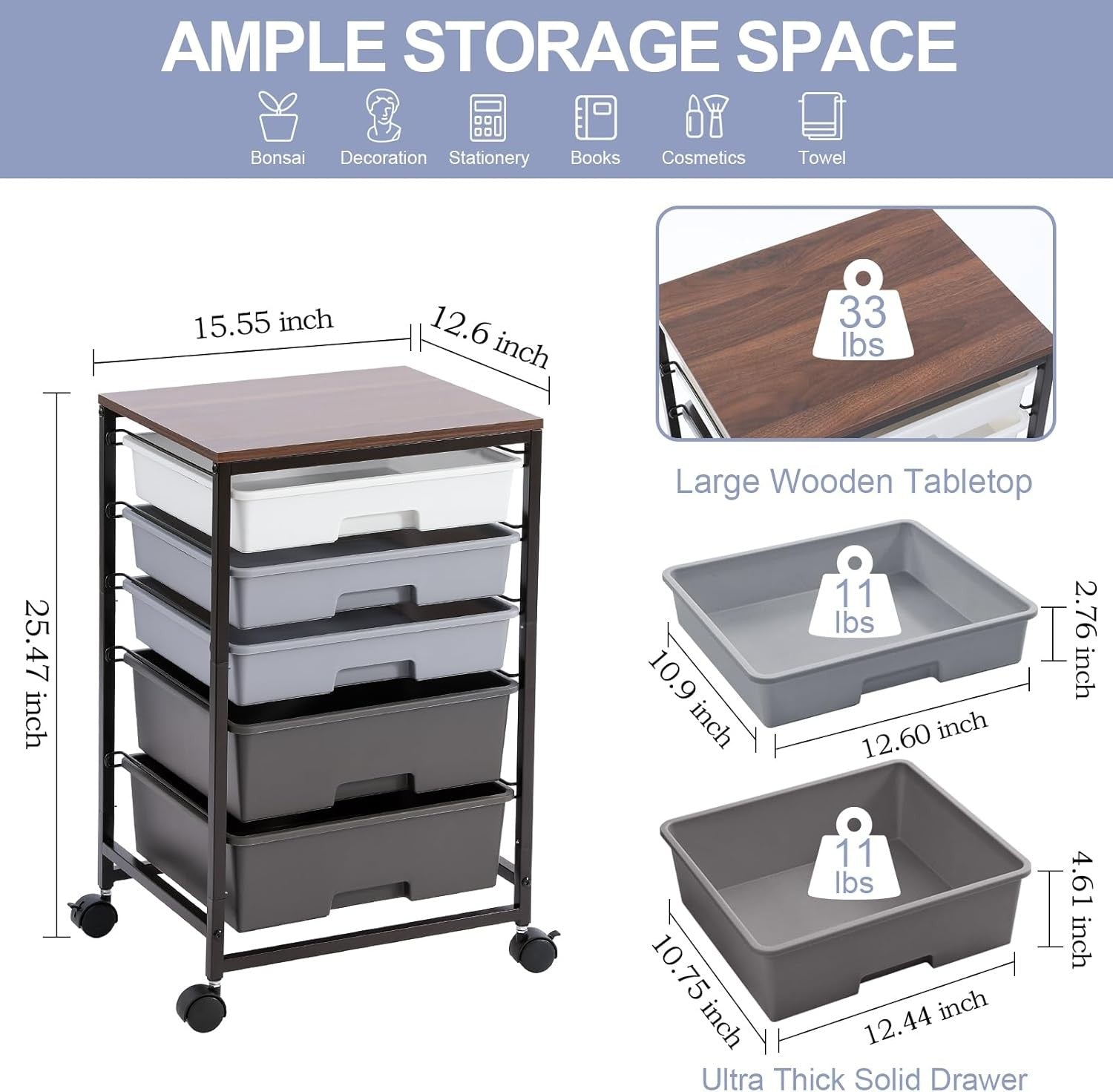 5 Drawer Rolling Storage Trolley Cart with Wheels Utility Organizer Grey