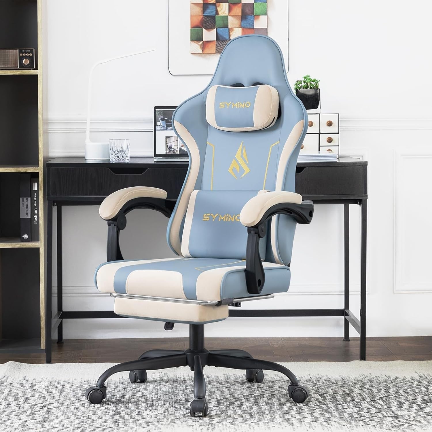 Ergonomic Gaming Chair Recliner w/ Footrest Lumbar PU Leather Blue