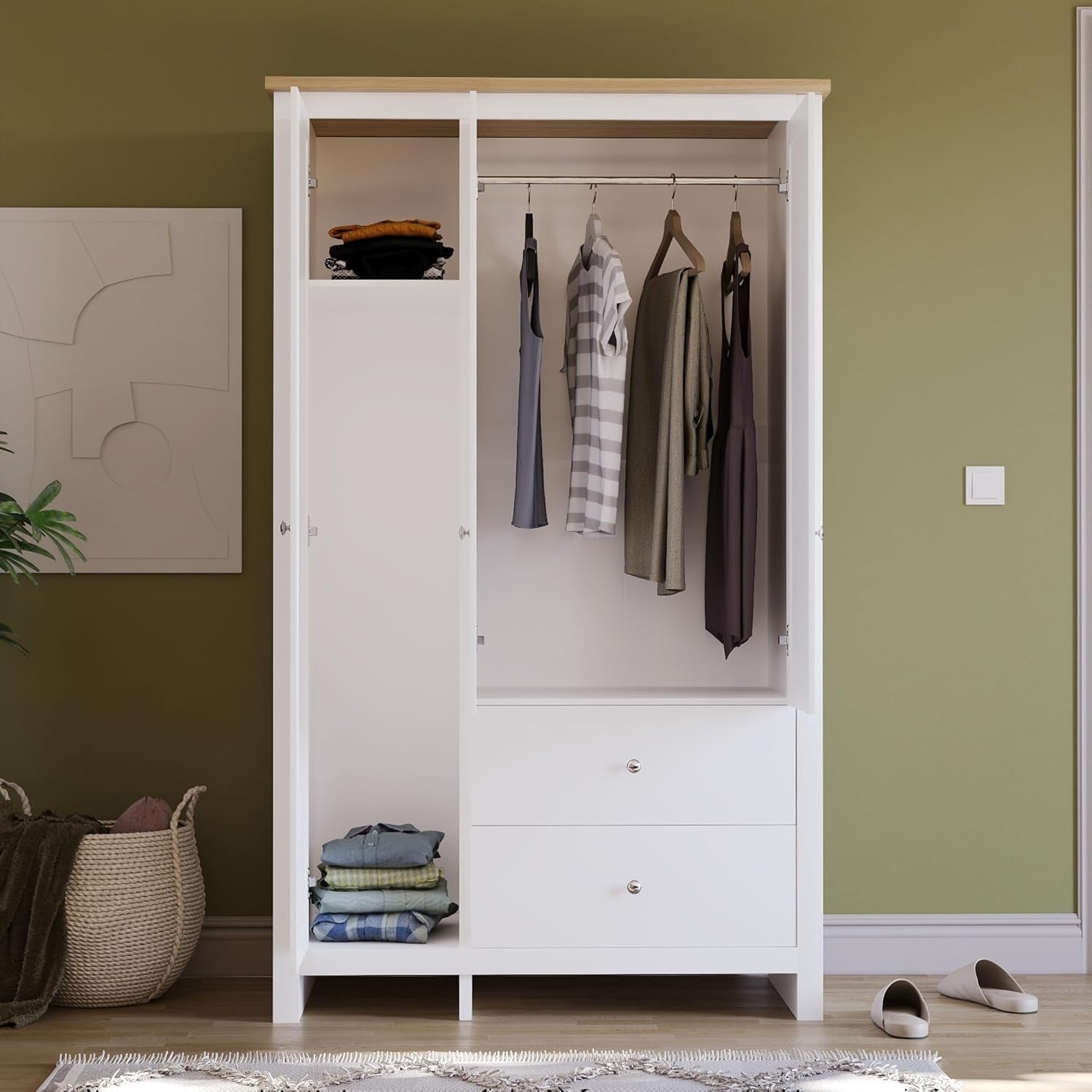 3 Door Wardrobe with Drawers & Clothes Rail - White Storage Cabinet 180cm