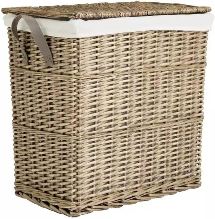 Large Willow Laundry Basket 44×55cm Dual Compartment Wicker Hamper w/ Liner Grey