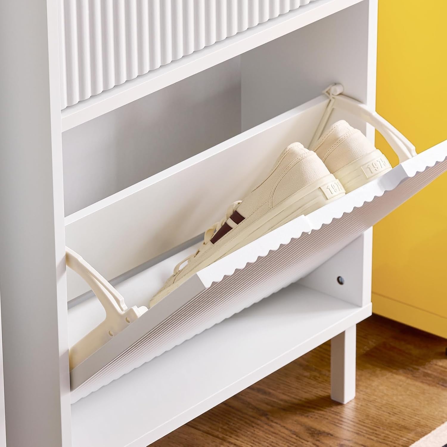White Slim Shoe Cabinet 3 Flip Drawers Narrow Hallway Storage 19cm Deep
