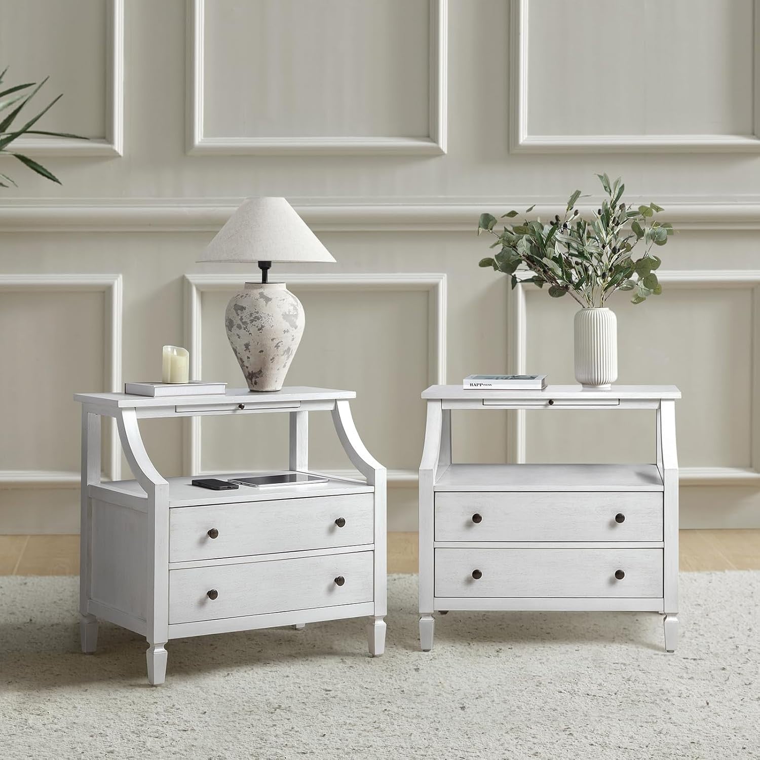 Set of 2 White Modern Bedside Tables with 2 Drawers & Shelf, Solid Wood Legs