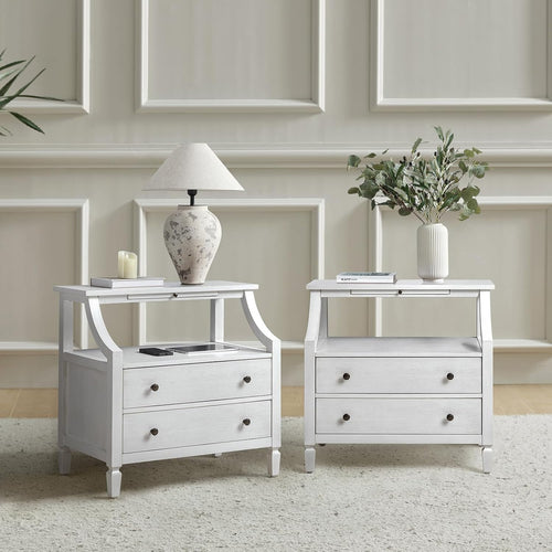 Set of 2 White Modern Bedside Tables with 2 Drawers & Shelf, Solid Wood Legs