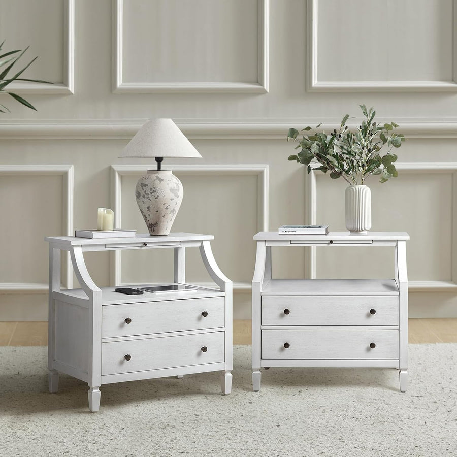 Set of 2 White Modern Bedside Tables with 2 Drawers & Shelf, Solid Wood Legs