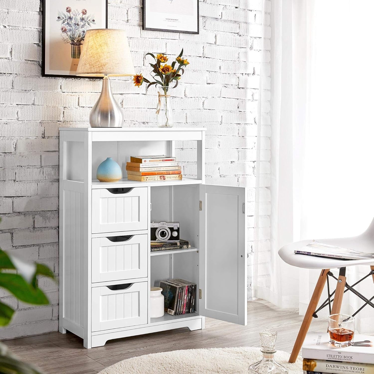 White Bathroom Storage Cabinet with 3 Drawers & Door Freestanding Unit