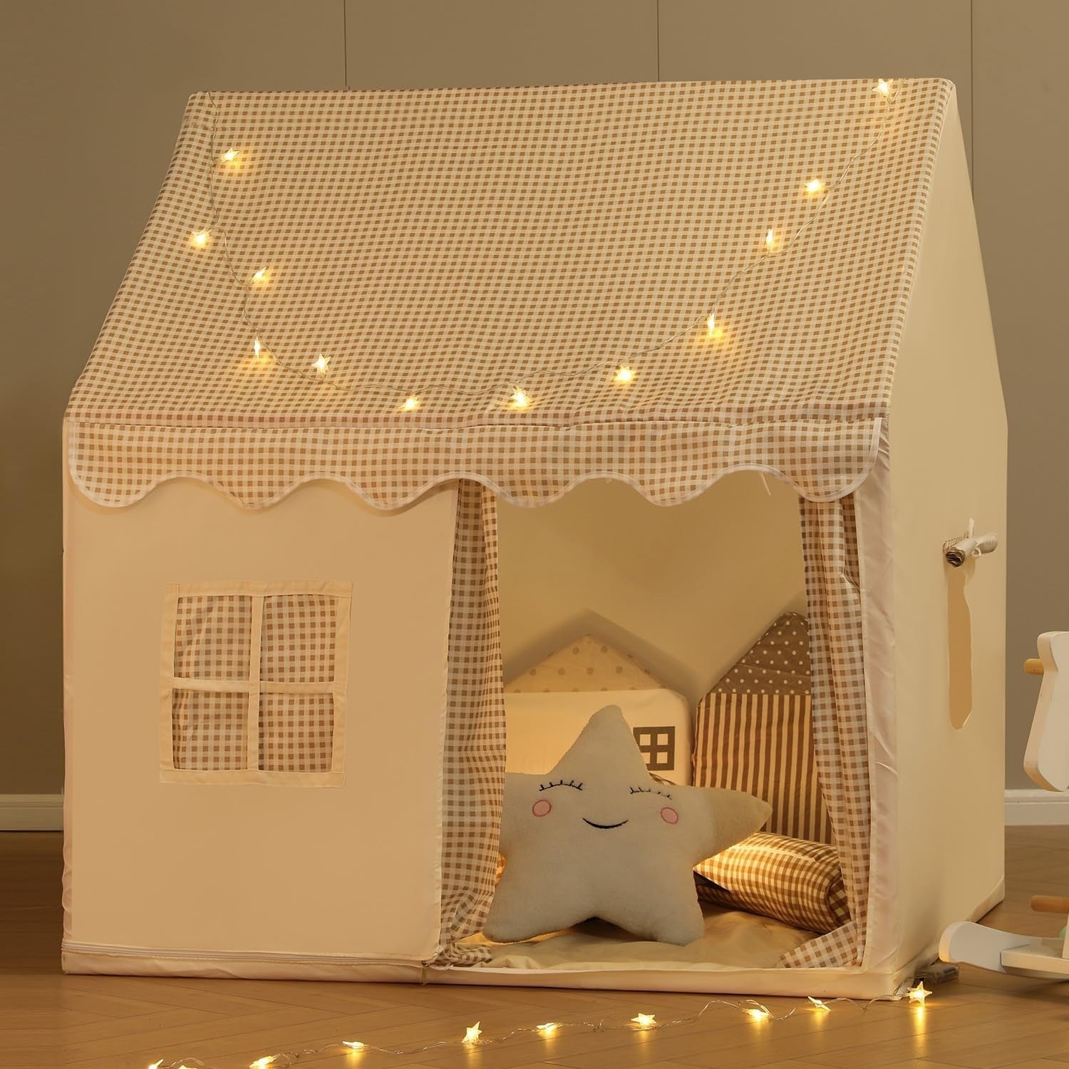 Kids Teepee Play Tent Beige Star Lights Indoor Outdoor Washable House