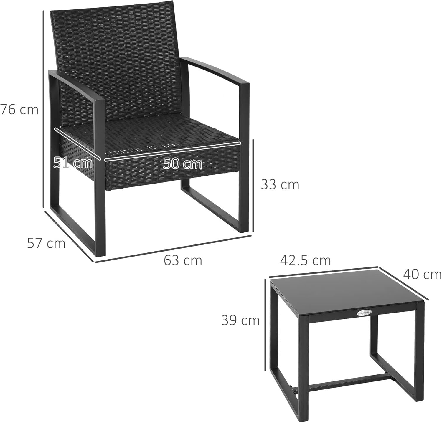 Black Rattan Patio Bistro Set 3PC Cushioned Chairs Glass Coffee Table