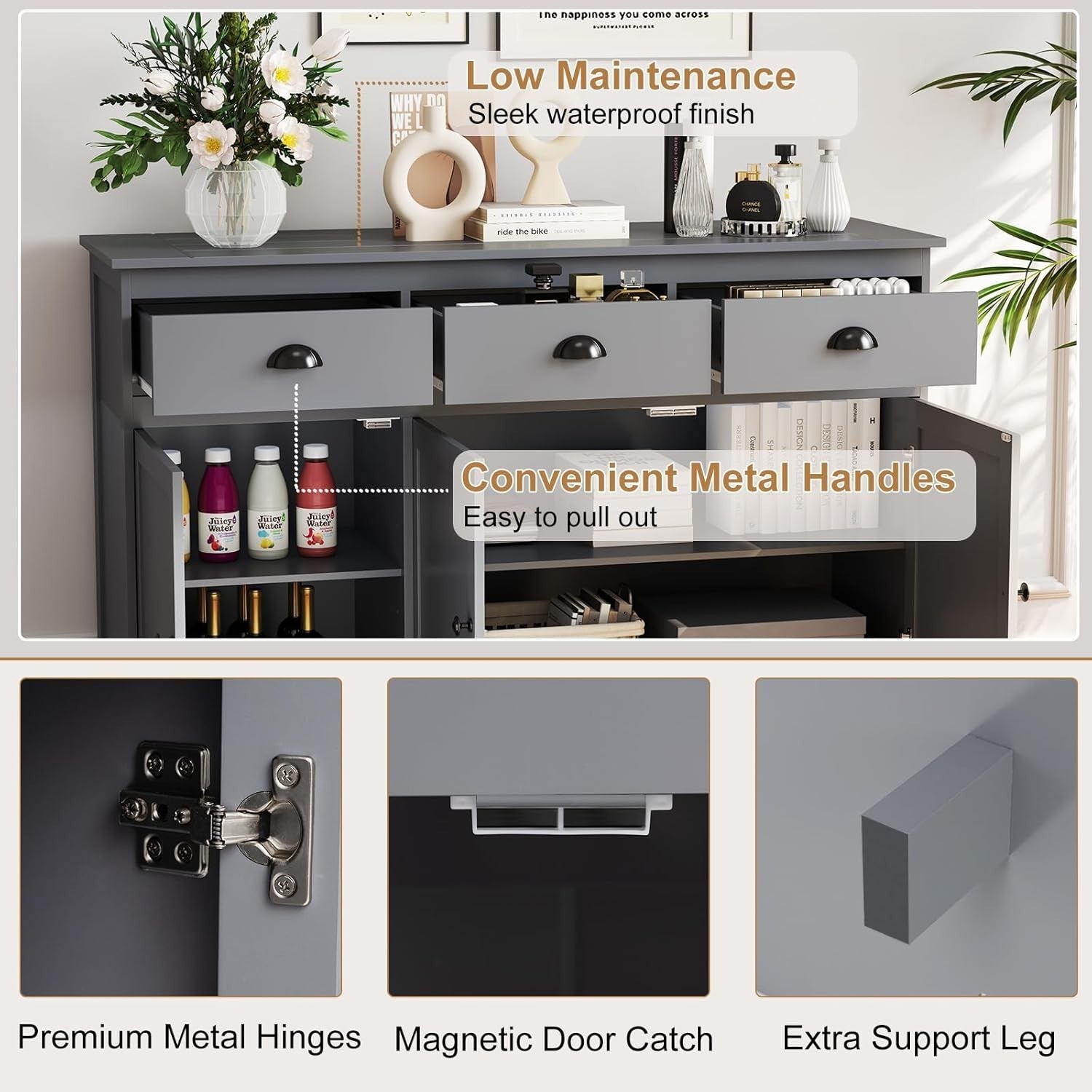 Grey Sideboard Storage Cabinet with Drawers & Adjustable Shelves Unit