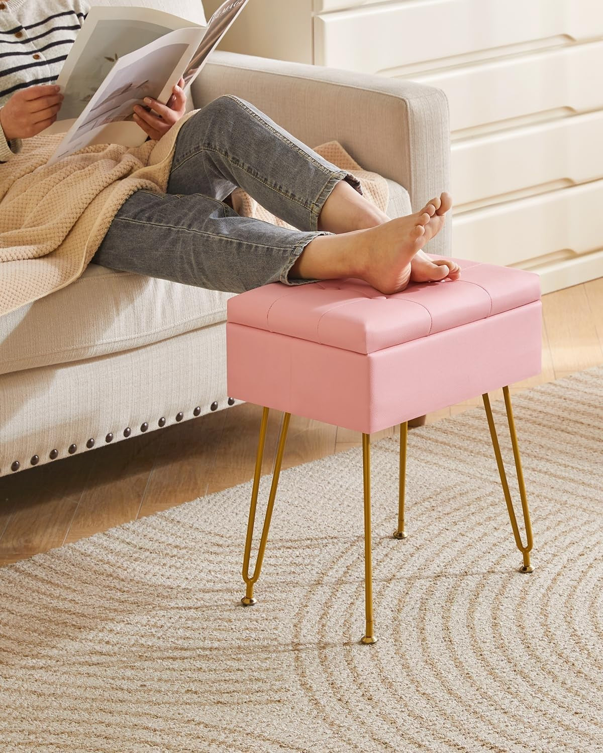 Pink PU Leather Vanity Stool with Storage & Flip Tabletop – Adjustable Legs