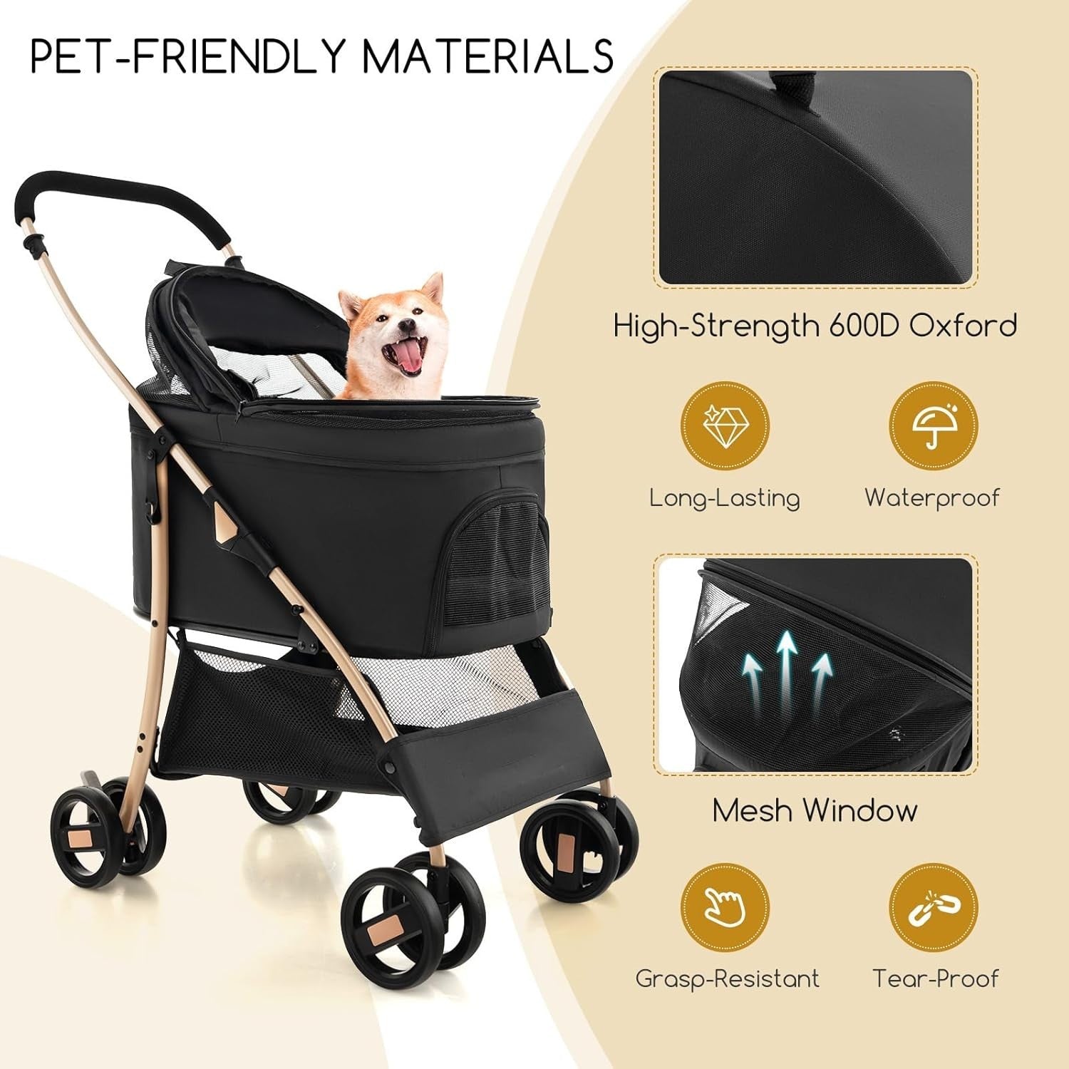 3in1 Pet Stroller Dog Pushchair Detachable Carrier Foldable Black Gold