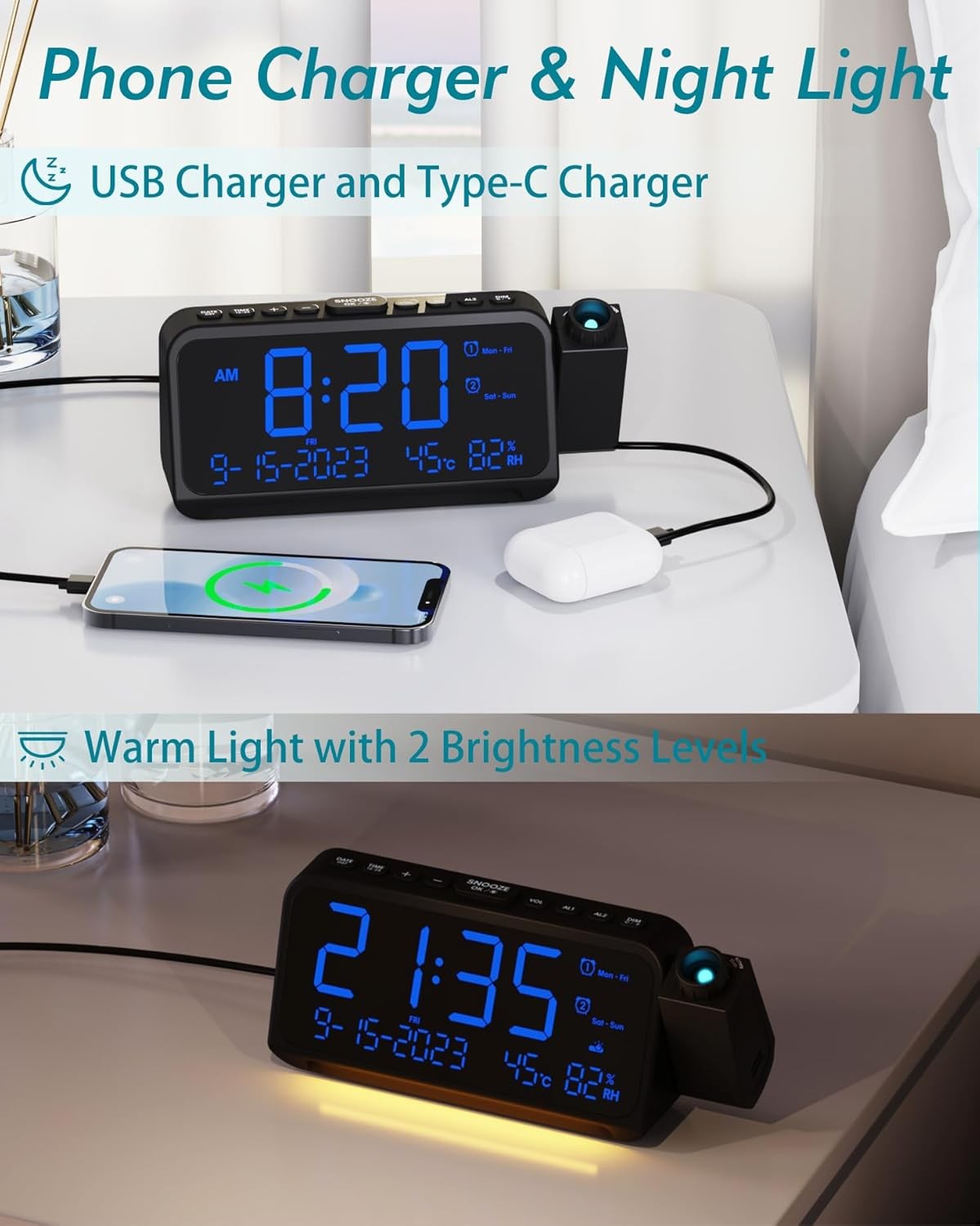 Projection Alarm Clock Blue LED Digits Temperature USB Charging Bedside