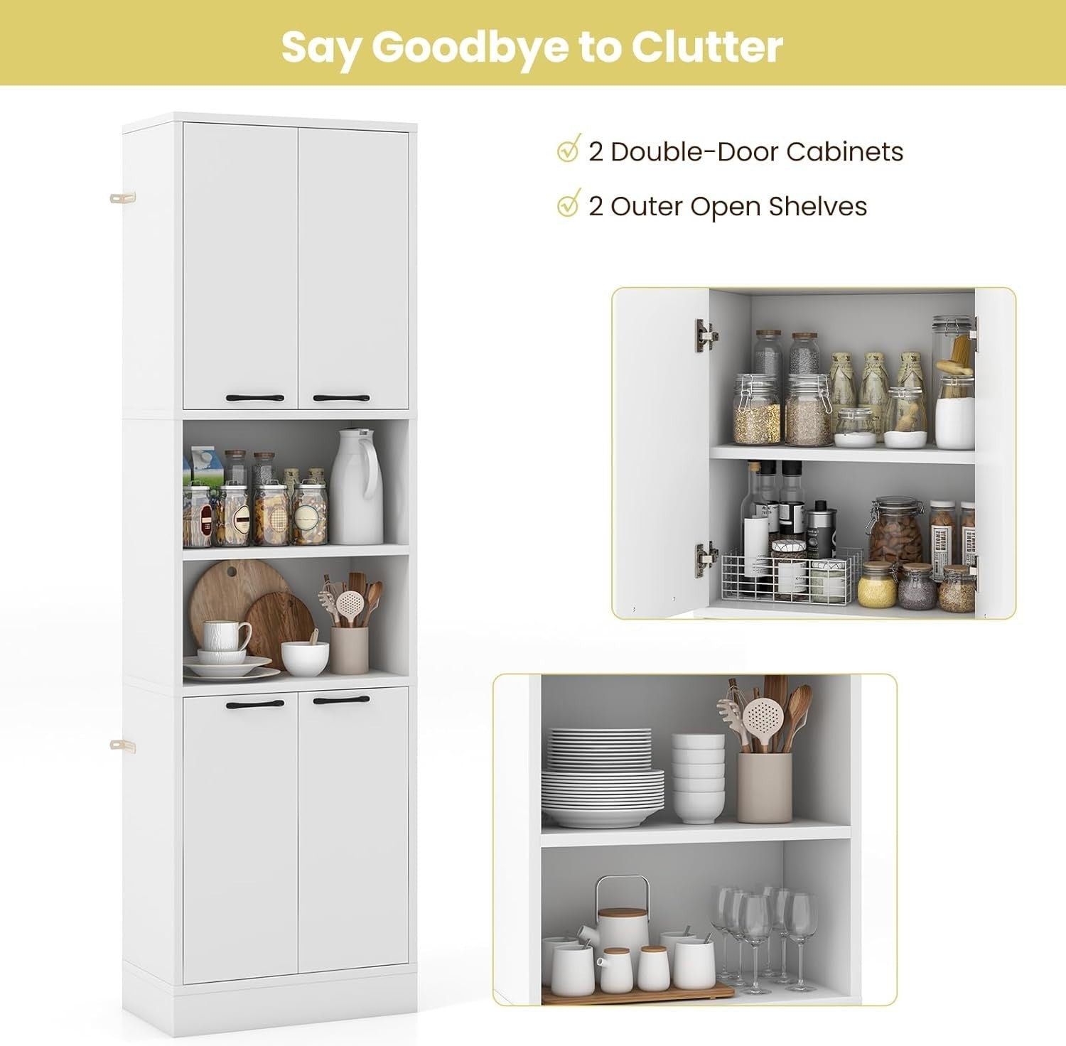 190cm Tall Kitchen Cupboard White 4 Doors Open & Closed Storage Cabinet
