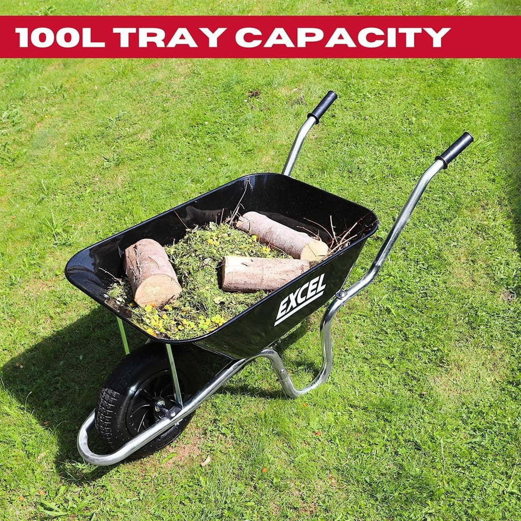 100L Black Wheelbarrow – Galvanised Steel Tray Pneumatic Tyre Heavy Duty 150kg