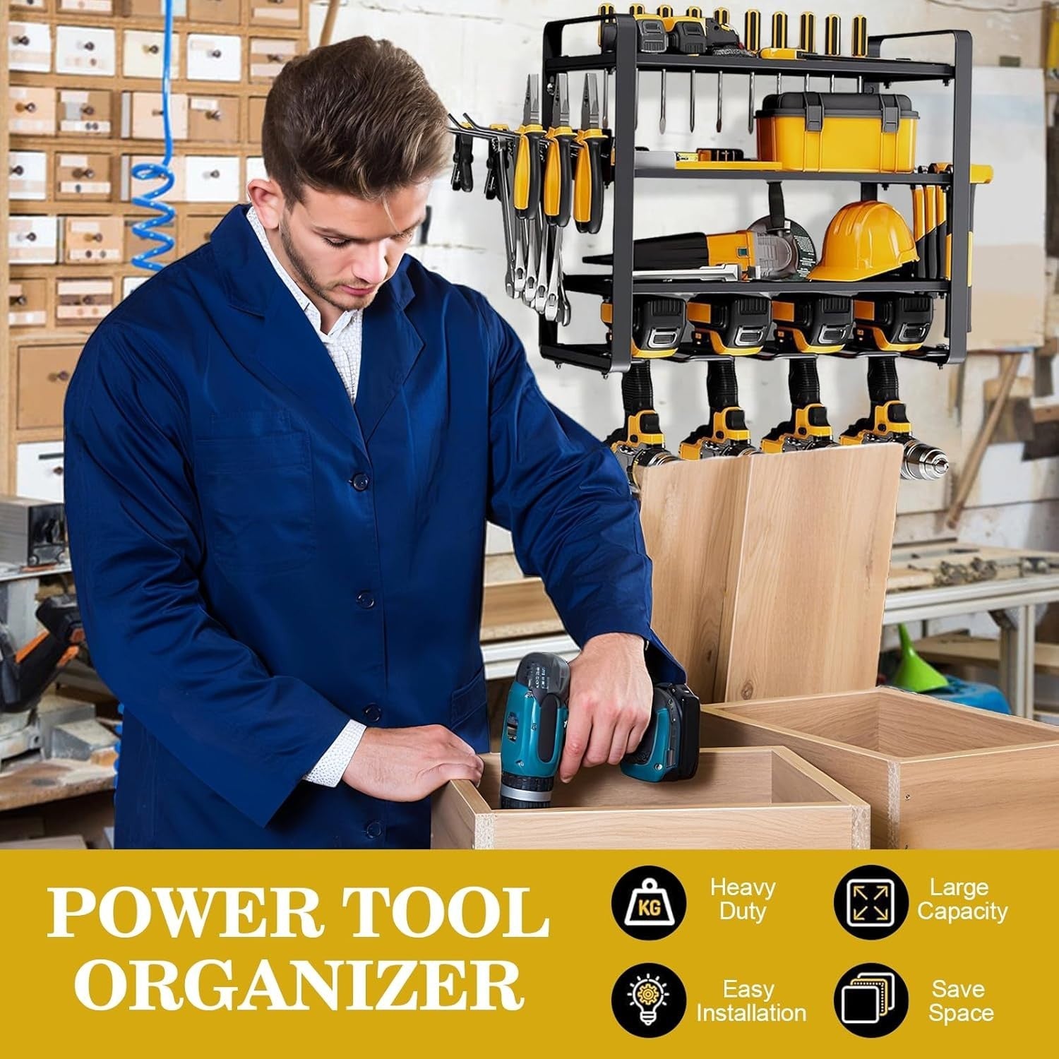 Wall Mount Power Tool Organizer 4 Drill Holders 4 Layers – 200Lbs Load