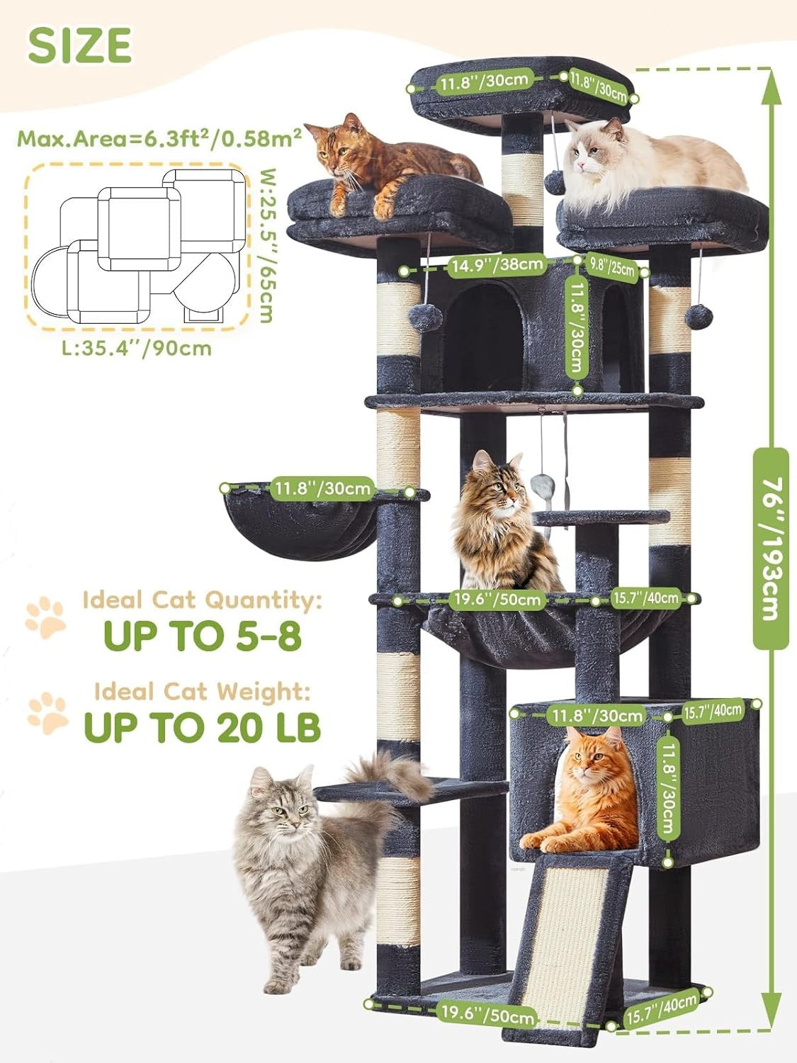 Large Cat Tree 193cm Multi Level Tower Scratching Post Condos for Indoor Cats