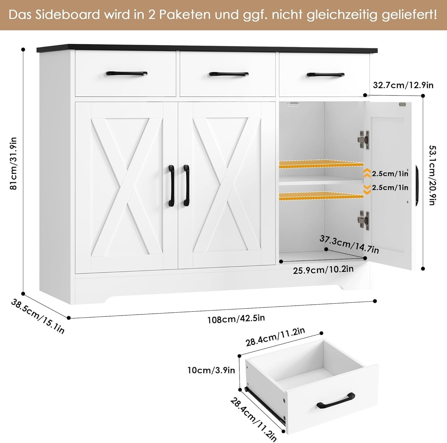Modern Sideboard Cabinet with Drawers & Doors – Storage Unit 120cm Wide
