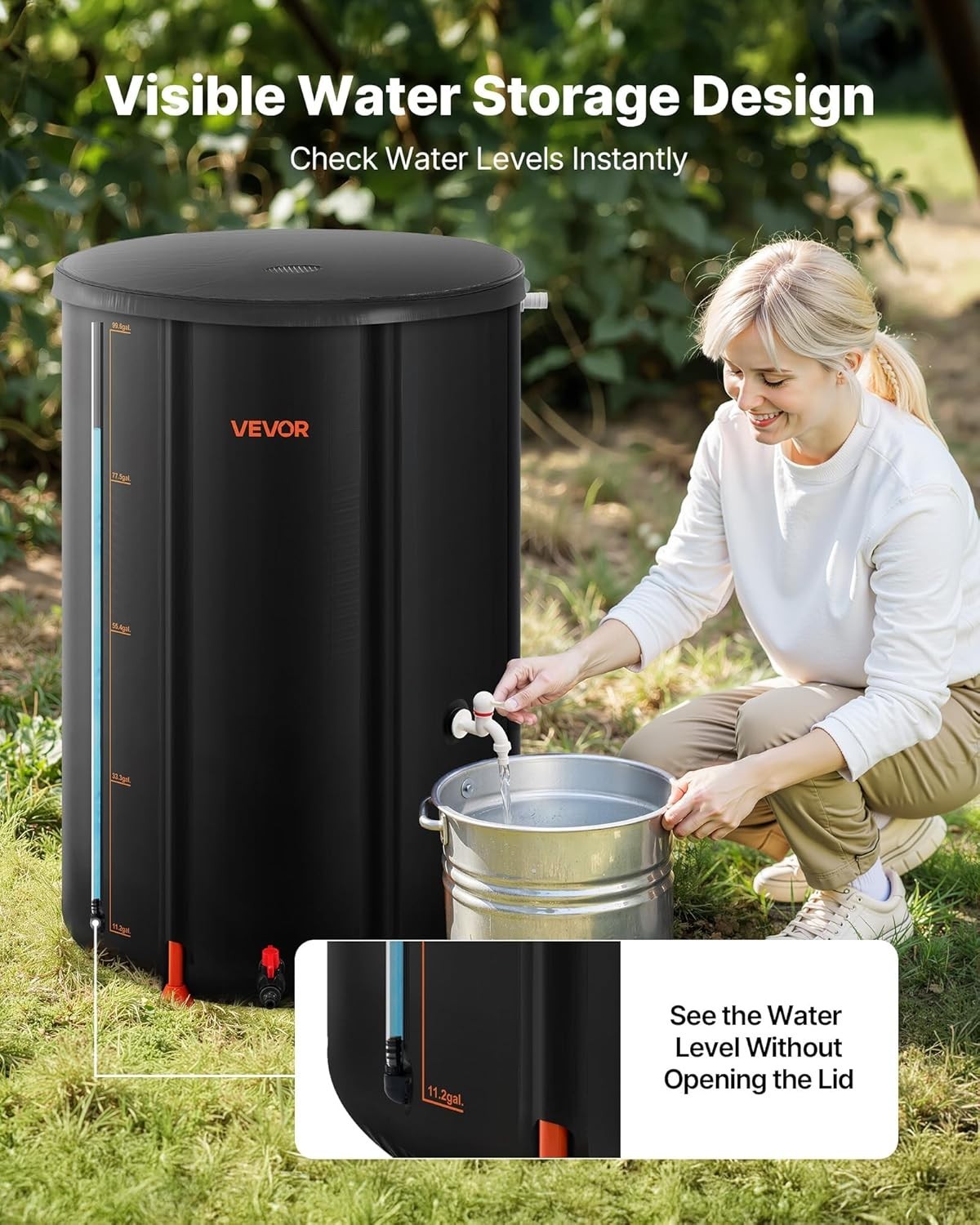 380L Collapsible Rain Barrel With Spigot Overflow Kit Black Garden Water Catcher