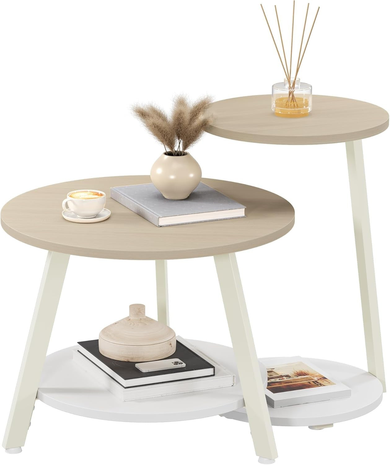 Round Nesting Coffee Table Set 2, Oak White Modern End Side Accent Tables
