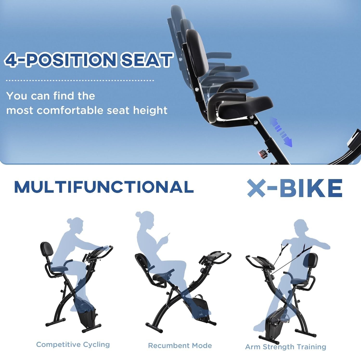 3-in-1 Folding Exercise Bike 8-Level Magnetic LCD Pulse Bands Full-Body Trainer
