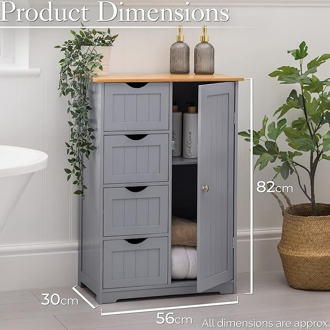 Wooden Grey Bathroom Cabinet with 4 Drawers & Shelf – Bamboo Top Storage