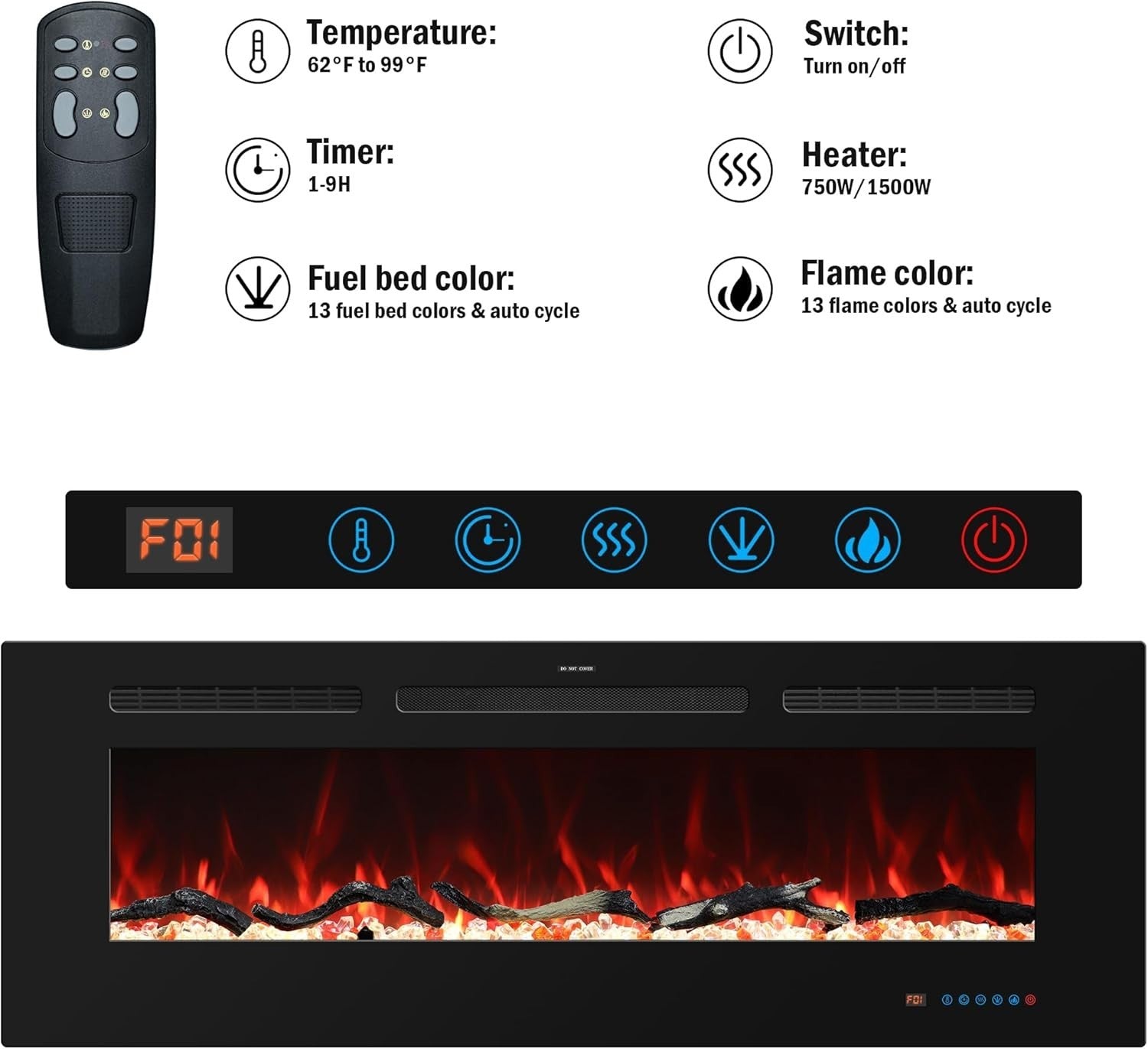 122cm Wall Mounted Electric Fireplace Heater LED Flame Remote Recessed