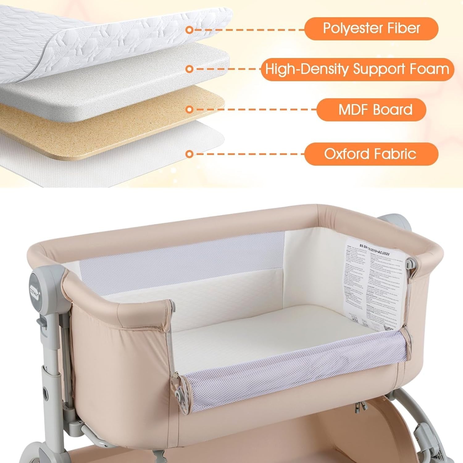 Baby Bedside Crib Adjustable Bassinet with Mattress Newborn Sleeper Beige