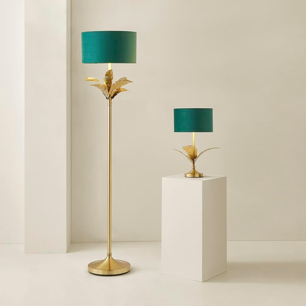 Green Velvet Gold Palm Leaf Table Lamp Drum Shade Luxury Bedside Light