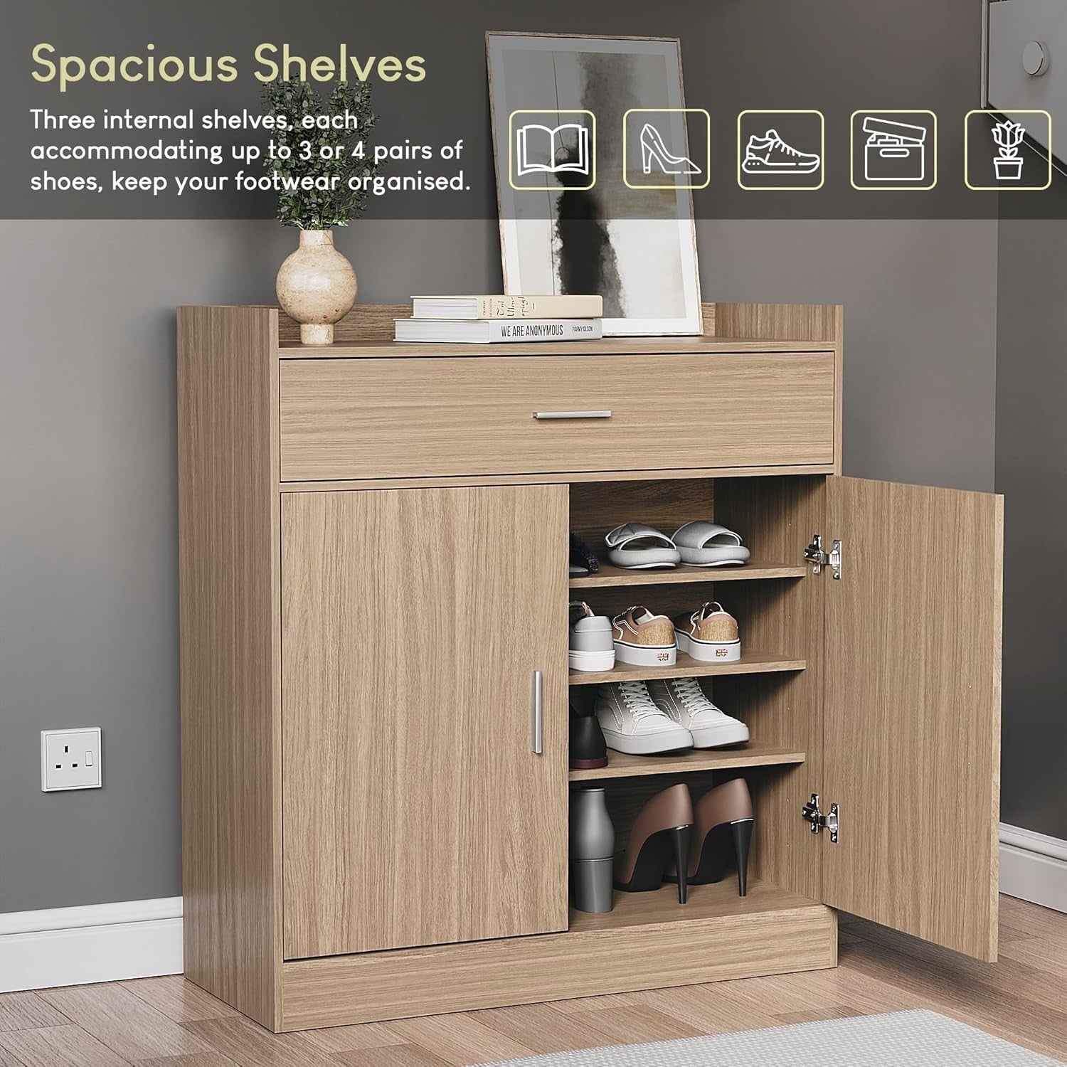 Modern Shoe Cabinet Oak Finish | 2 Door 1 Drawer Storage Unit Hallway Organiser