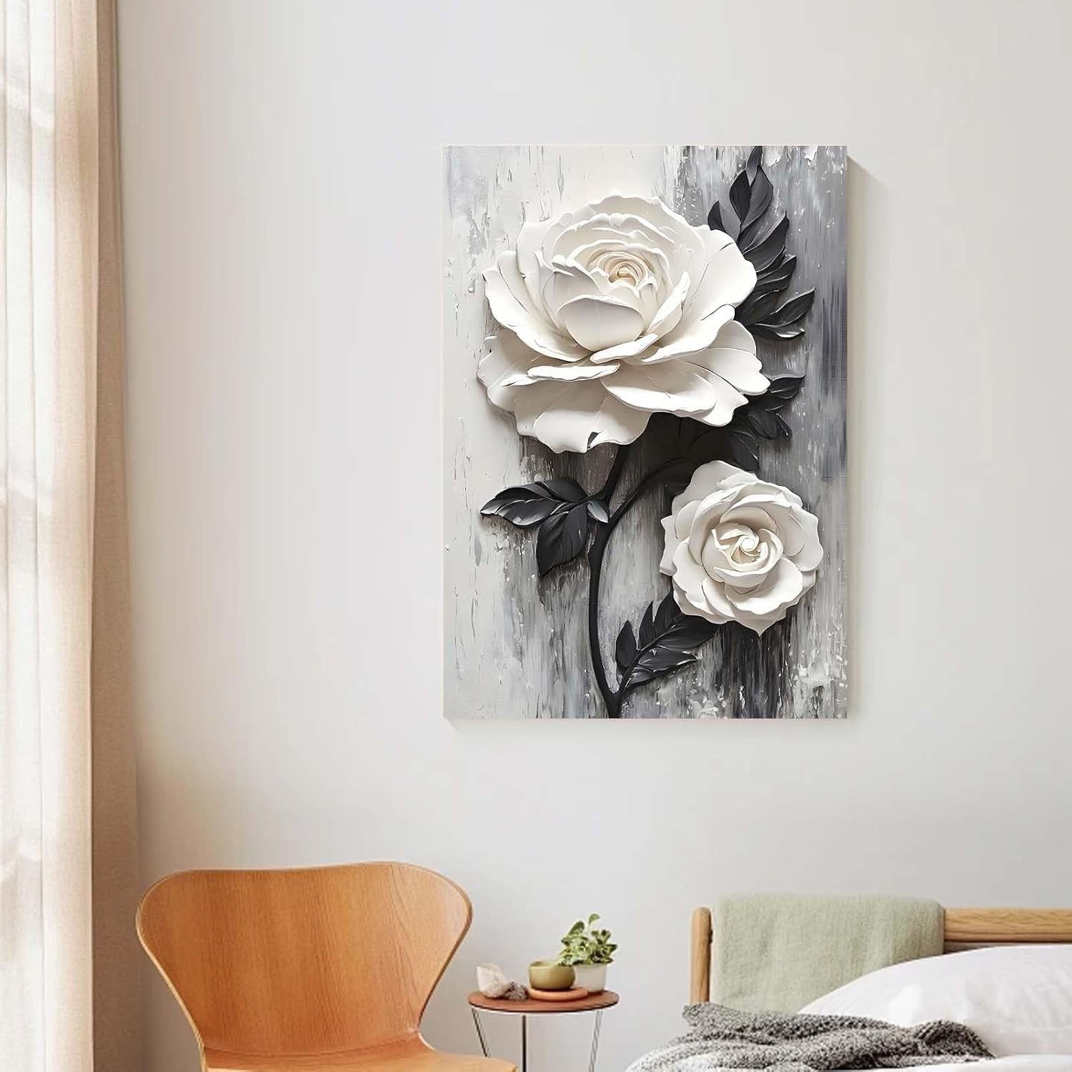 White Rose 3D Floral Canvas Wall Art 12x16 Framed Modern Bedroom Decor