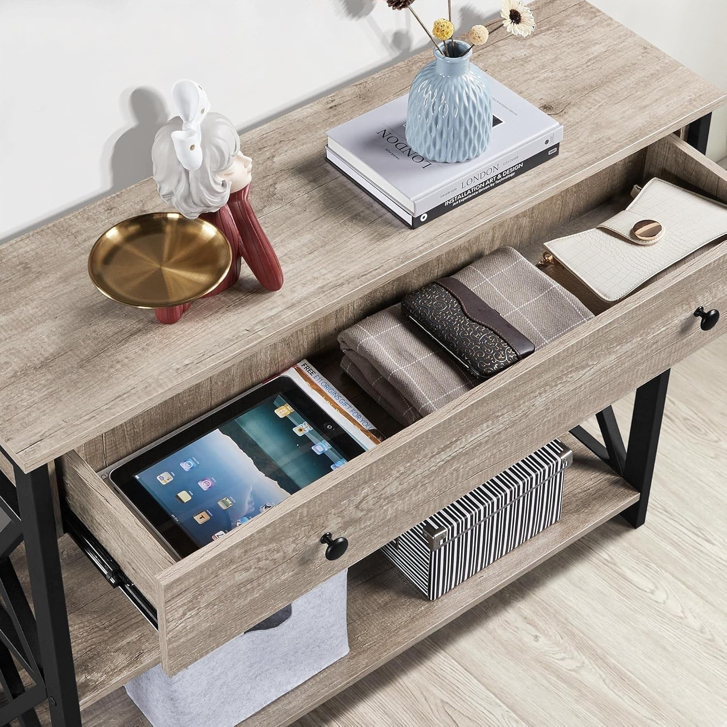 Rustic Grey Console Table with Drawer & 2 Shelves, 100x29.5x81cm, Durable