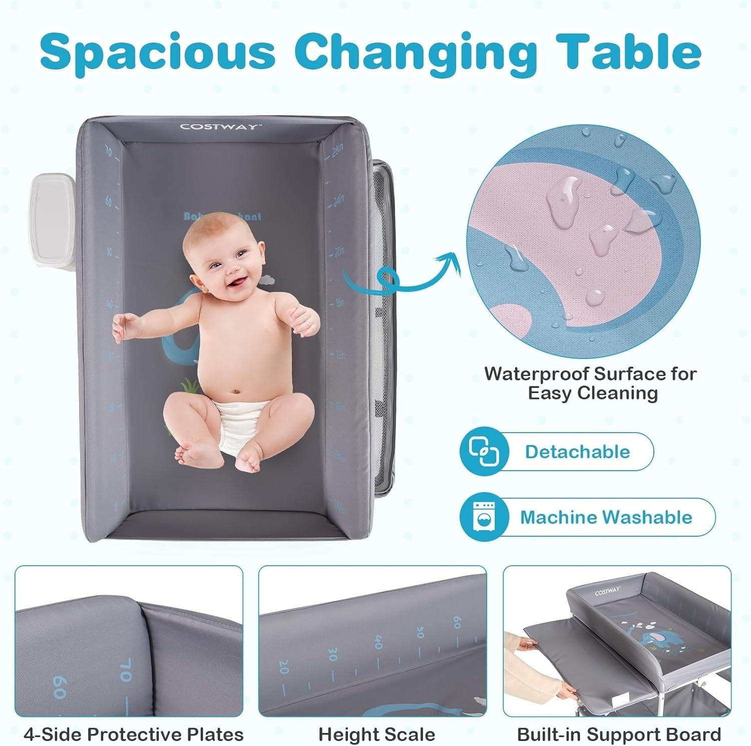 Baby Changing Table Folding Nursery Station with Wheels & Storage Grey