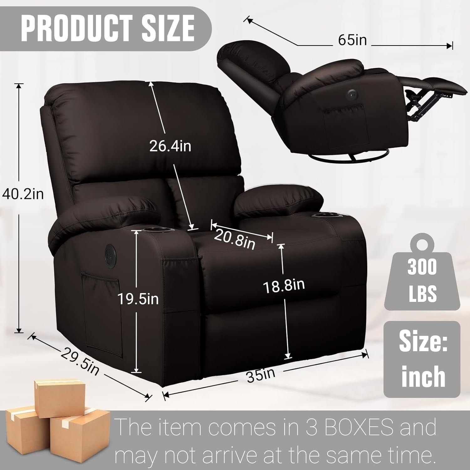 Massage Rocker Recliner Chair with Heat 360° Swivel USB Ports Vibration Black