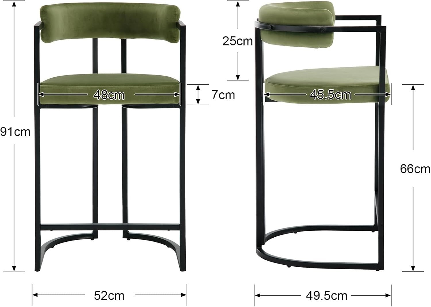 Green Velvet Bar Stools Set of 2 Metal Frame Counter Height Kitchen