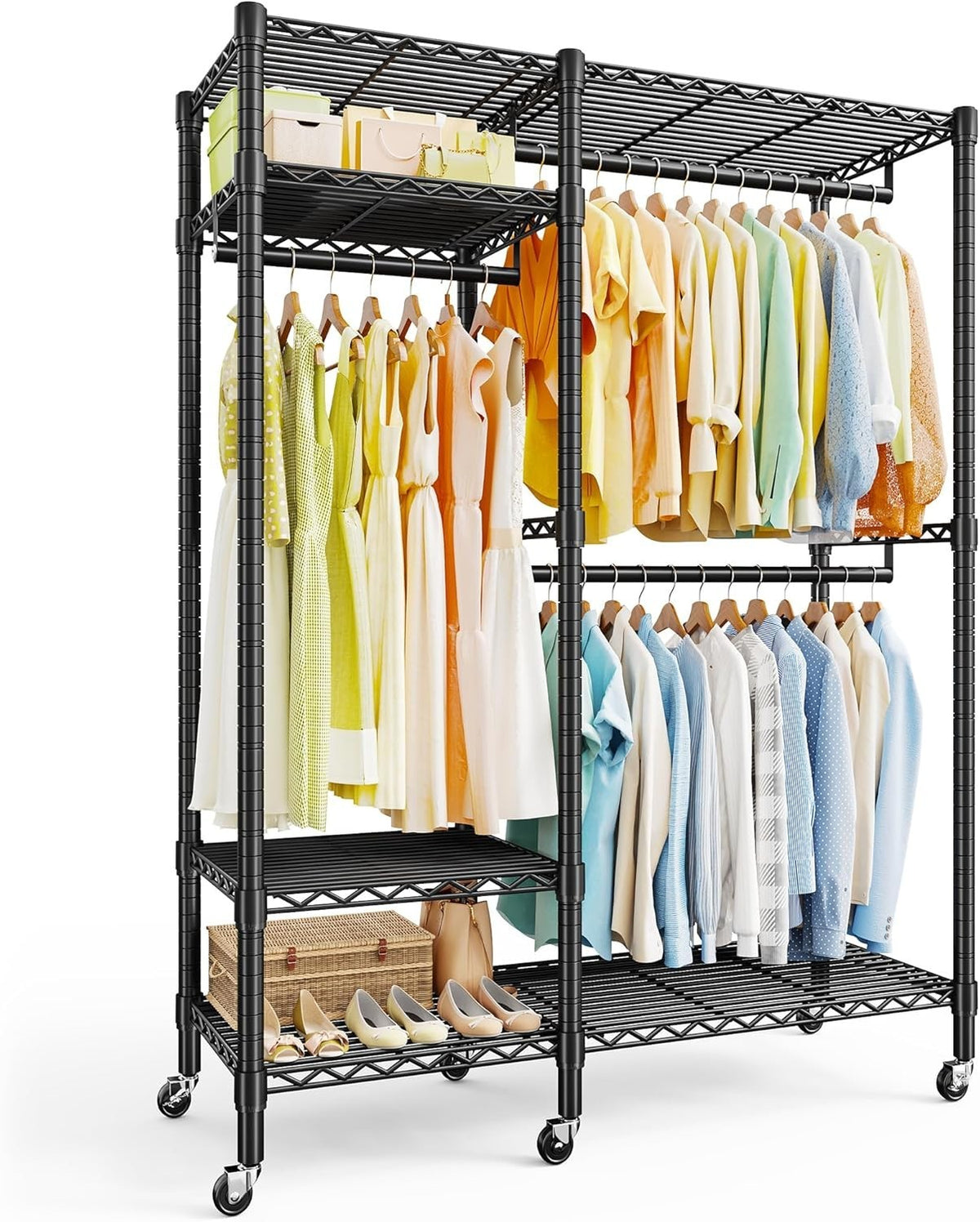 Heavy Duty Clothes Rail with Wheels & Adjustable Shelves – Black