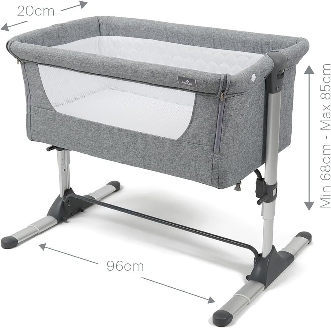 Bedside Baby Co-Sleeper Cot Adjustable Height Crib with Mattress Grey