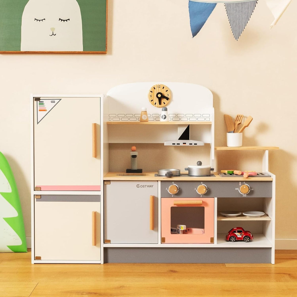 Wooden Kids Play Kitchen BBQ Grill Fridge Sink Toy Set Accessories