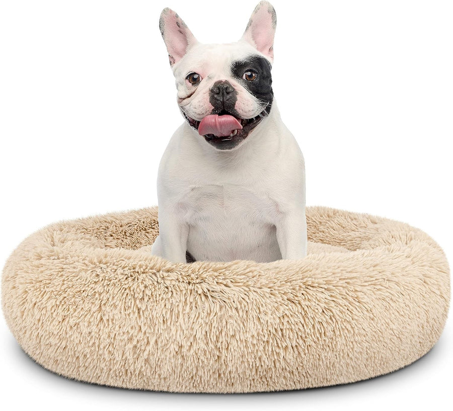 Medium Calming Donut Dog Bed 76cm Plush Round Nest Beige